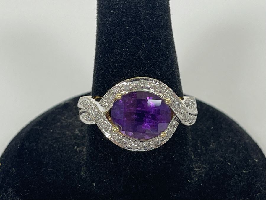 14K Gold Amethyst Diamond Ring Size 8.25 5.8g [Photo 5]