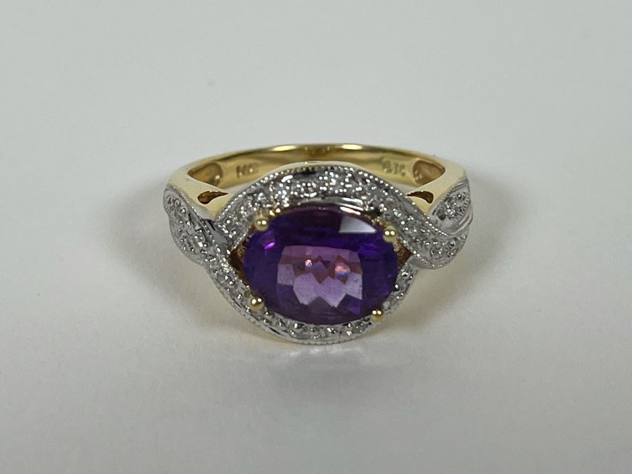 14K Gold Amethyst Diamond Ring Size 8.25 5.8g [Photo 20]
