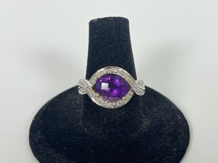 14K Gold Amethyst Diamond Ring Size 8.25 5.8g [Photo 18]