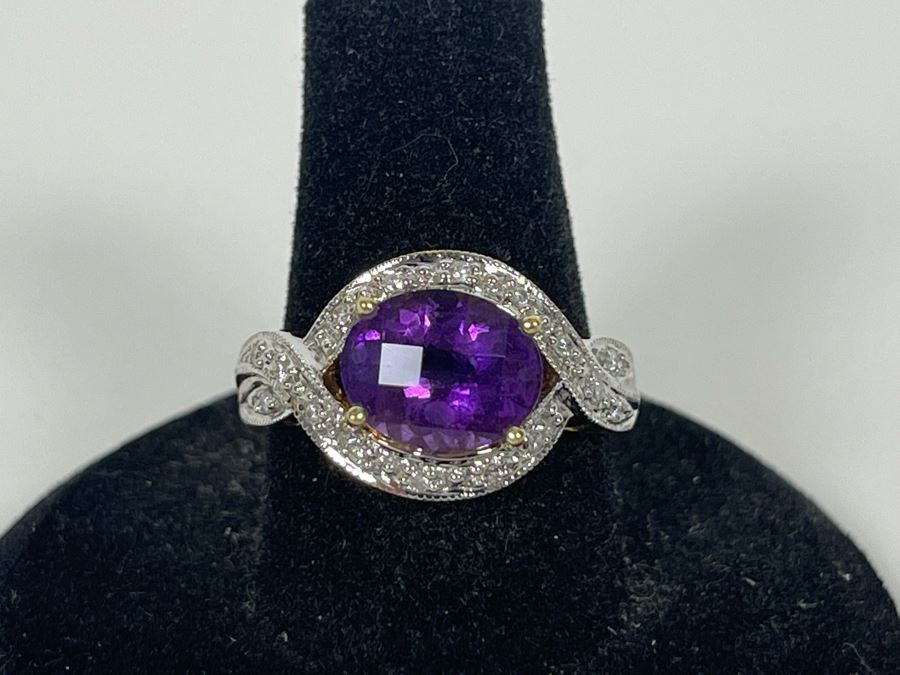 14K Gold Amethyst Diamond Ring Size 8.25 5.8g [Photo 6]