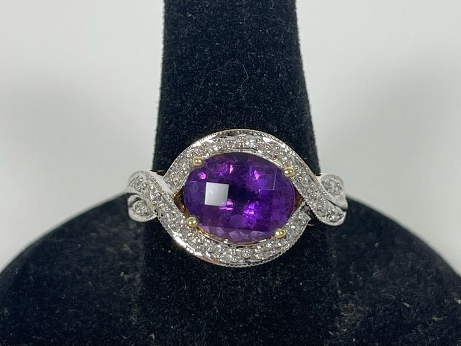 14K Gold Amethyst Diamond Ring Size 8.25 5.8g [Photo 4]