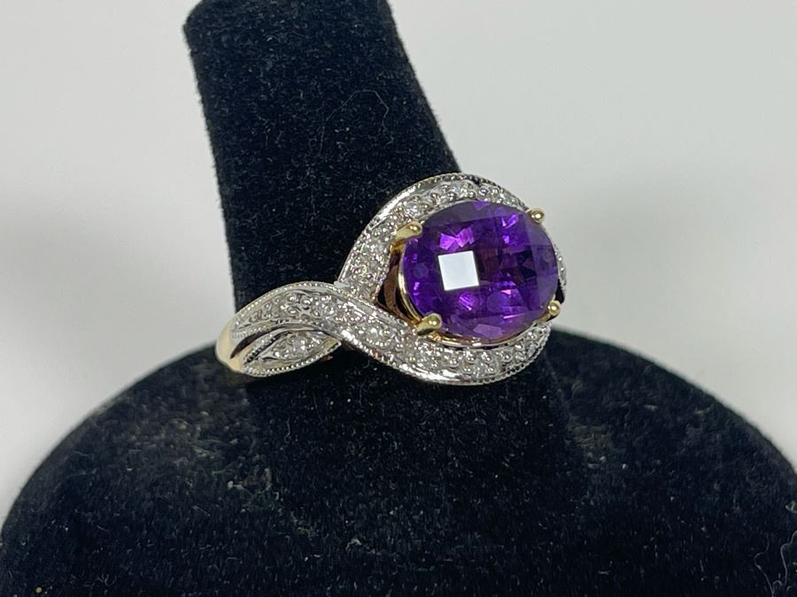 14K Gold Amethyst Diamond Ring Size 8.25 5.8g [Photo 16]