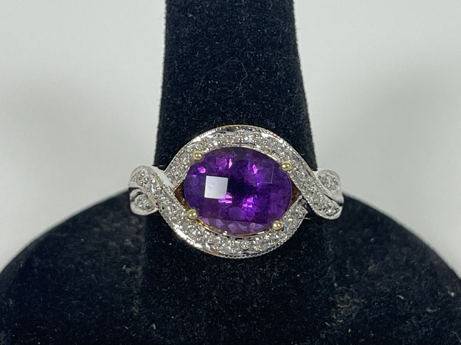 14K Gold Amethyst Diamond Ring Size 8.25 5.8g [Photo 2]
