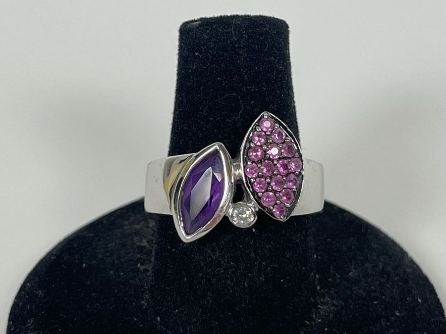 14K Gold Amethyst Pink Sapphire? Diamond Ring Size 7.25 6.3g Estimate $700-$1,050 [Photo 1]