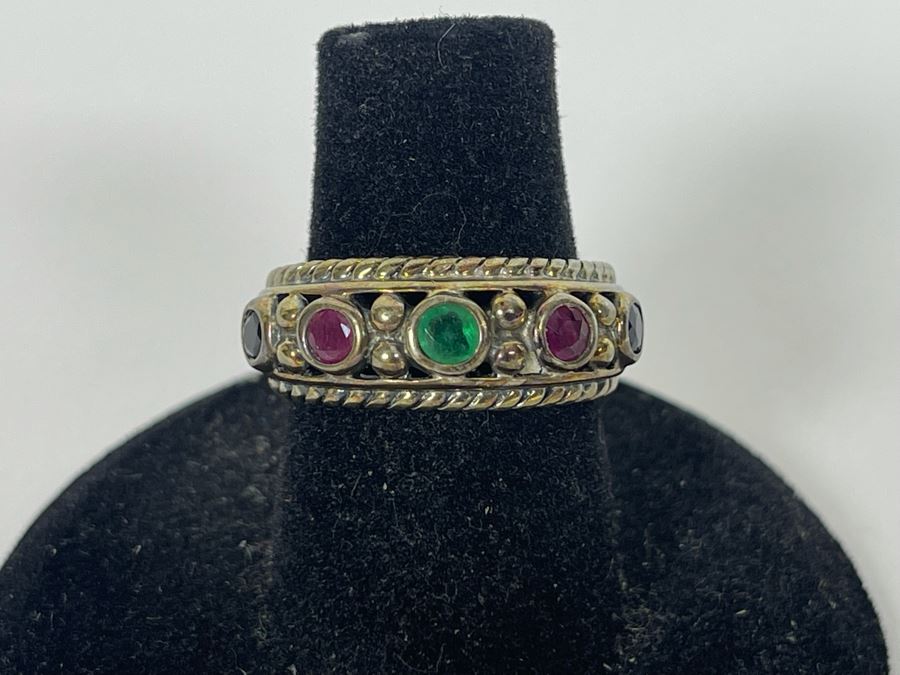 Sterling Silver Ruby Sapphire Emerald Ring Size 6.25 5.3g [Photo 1]