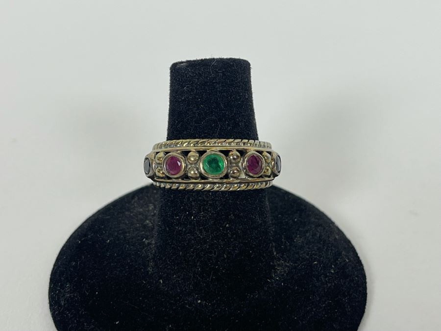 Sterling Silver Ruby Sapphire Emerald Ring Size 6.25 5.3g [Photo 6]