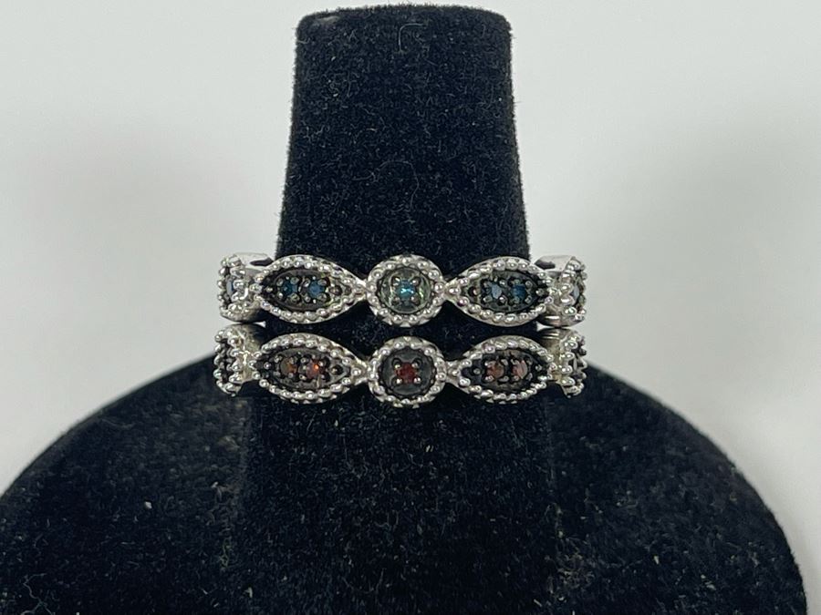 Pair Of Sterling Silver Diamond Rings Size 7.25 4.8g [Photo 2]
