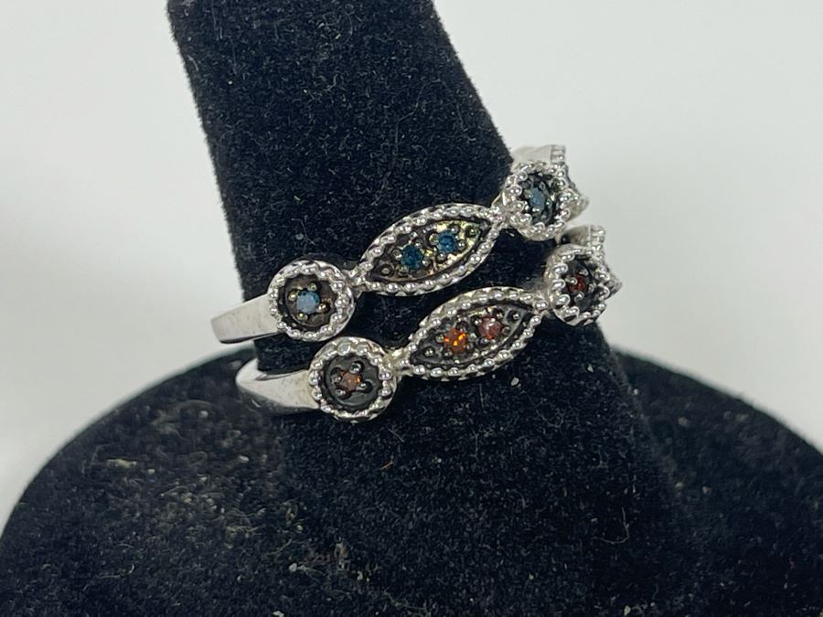 Pair Of Sterling Silver Diamond Rings Size 7.25 4.8g [Photo 5]