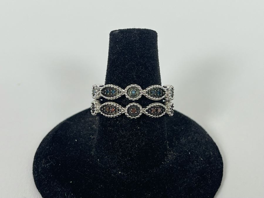 Pair Of Sterling Silver Diamond Rings Size 7.25 4.8g [Photo 9]