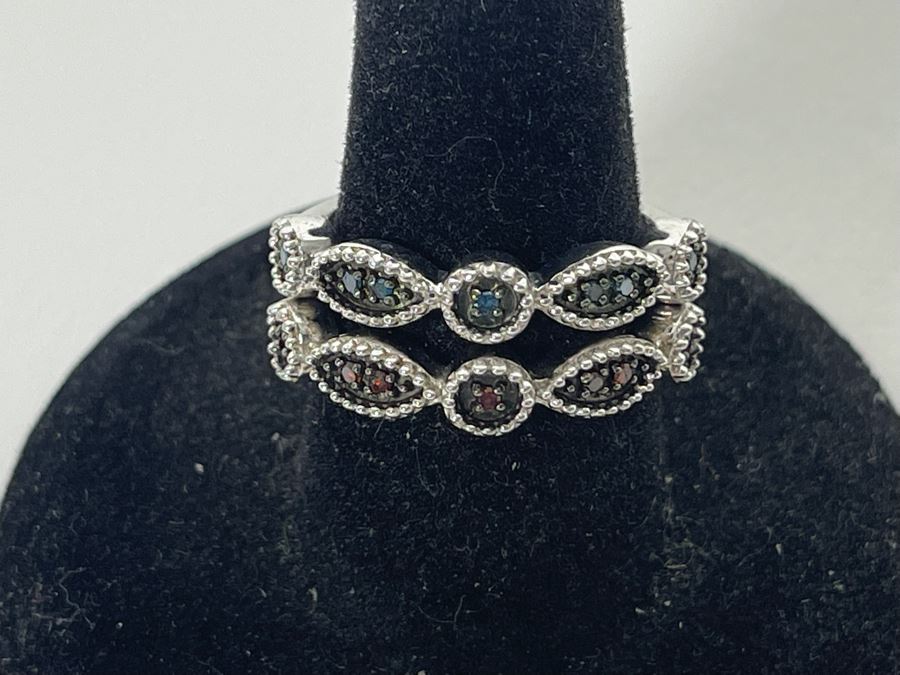 Pair Of Sterling Silver Diamond Rings Size 7.25 4.8g [Photo 3]