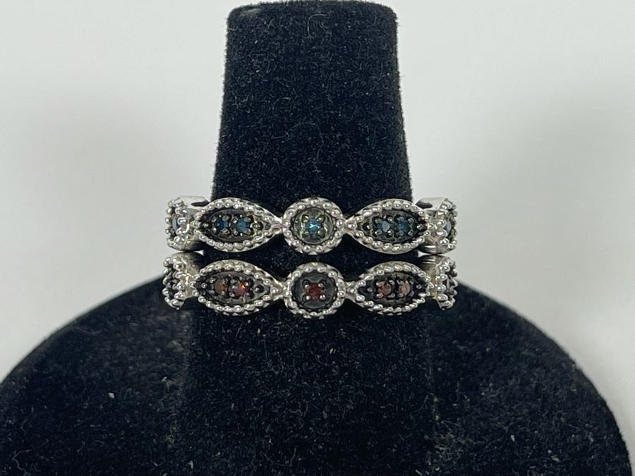 Pair Of Sterling Silver Diamond Rings Size 7.25 4.8g [Photo 1]