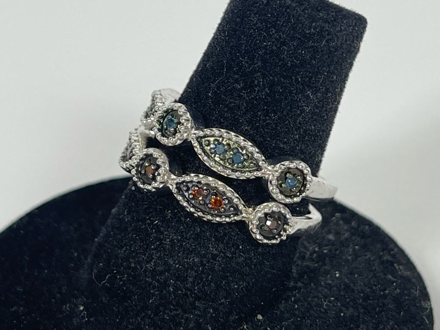 Pair Of Sterling Silver Diamond Rings Size 7.25 4.8g [Photo 6]