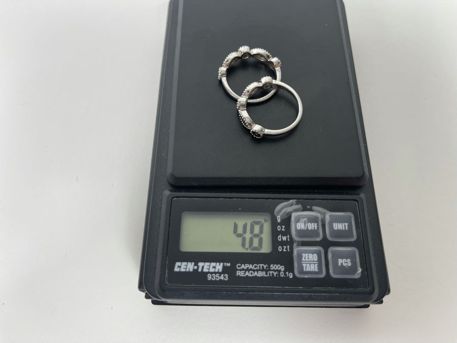 Pair Of Sterling Silver Diamond Rings Size 7.25 4.8g [Photo 12]