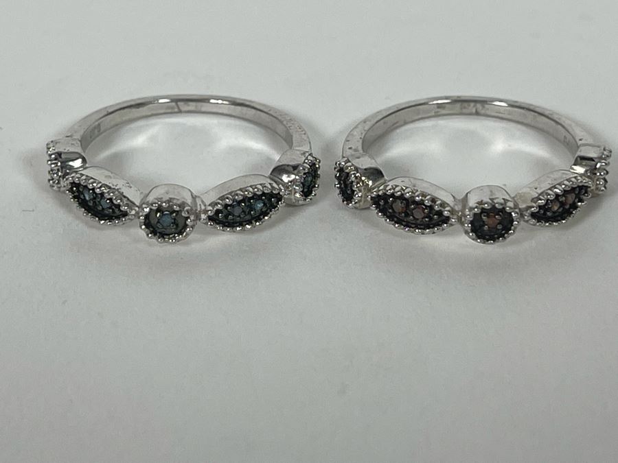 Pair Of Sterling Silver Diamond Rings Size 7.25 4.8g [Photo 8]