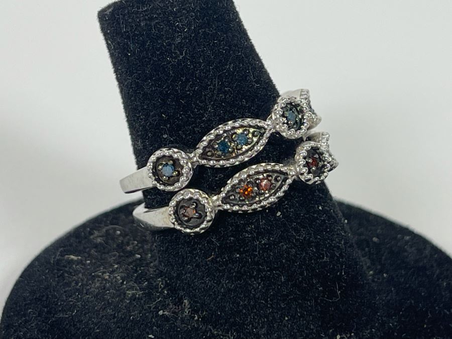 Pair Of Sterling Silver Diamond Rings Size 7.25 4.8g [Photo 4]