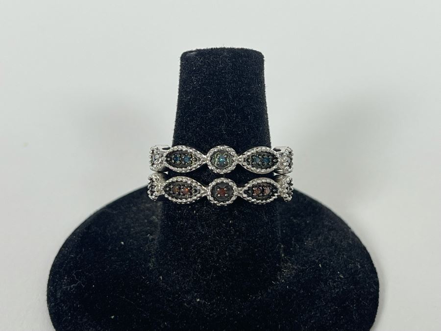 Pair Of Sterling Silver Diamond Rings Size 7.25 4.8g [Photo 10]