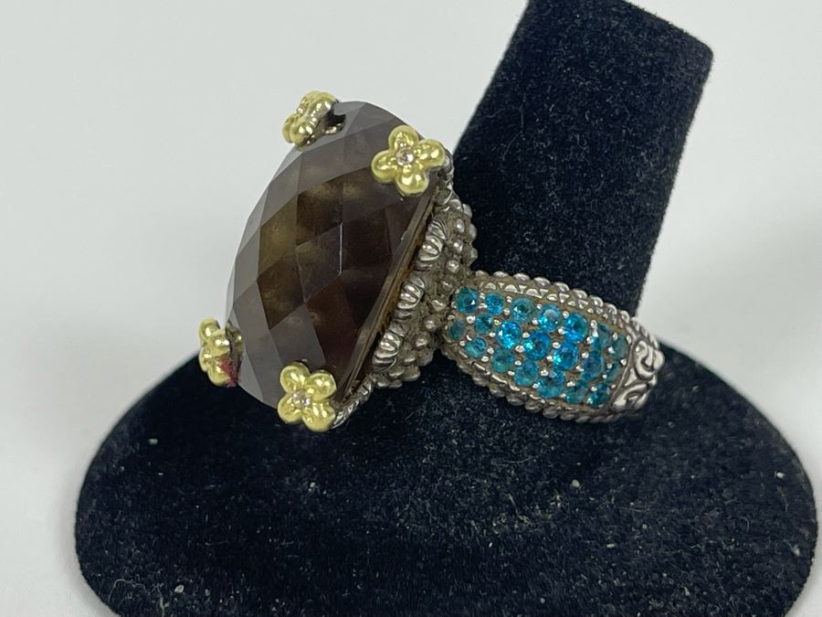 Sterling Silver And 18K Gold Smoky Quartz Apatite Ring By Barbara Bixby Size 8.25 12.6g