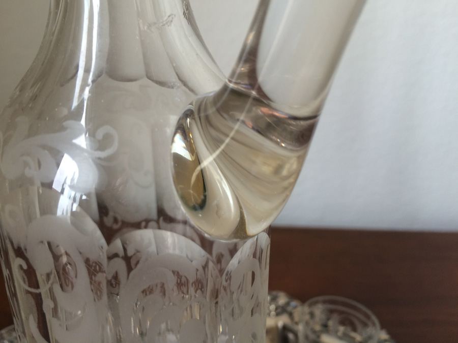Etched Glass Decanter with Metal Overlay Shot Glasses and Tray [Photo 17]