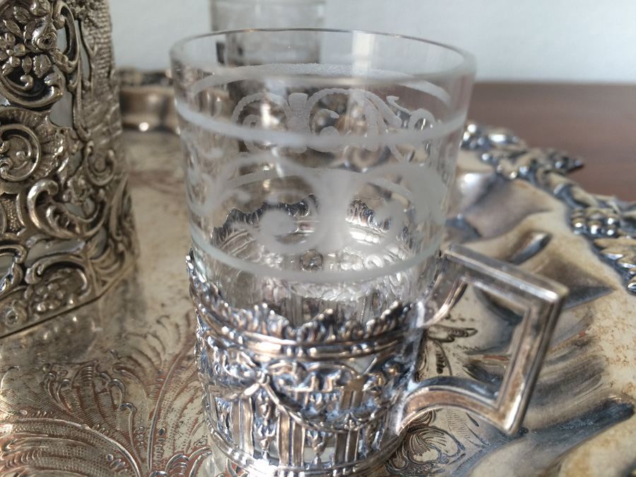 Etched Glass Decanter with Metal Overlay Shot Glasses and Tray [Photo 3]