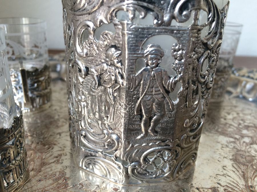 Etched Glass Decanter with Metal Overlay Shot Glasses and Tray [Photo 6]