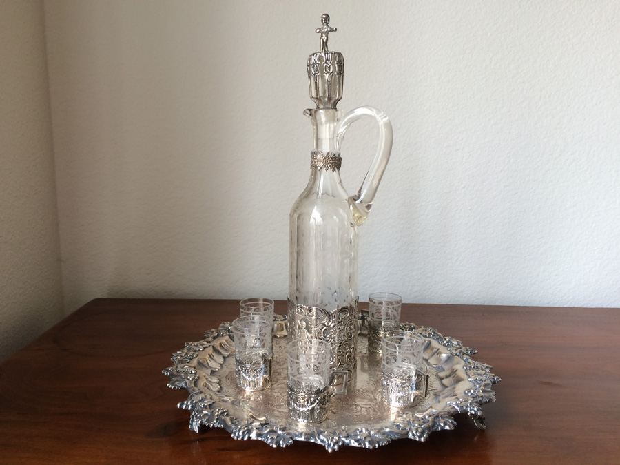 Etched Glass Decanter with Metal Overlay Shot Glasses and Tray