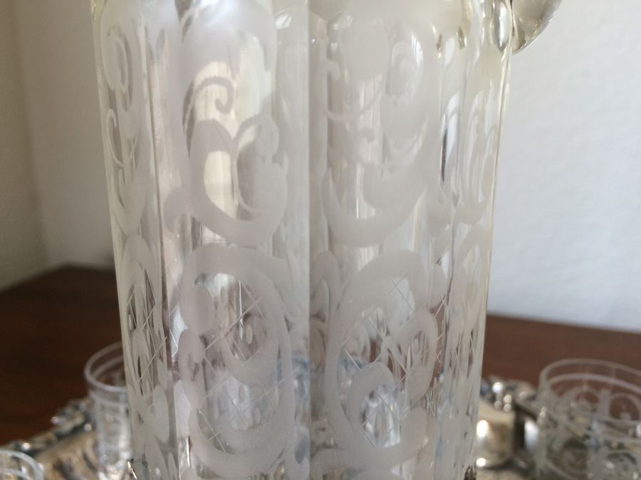 Etched Glass Decanter with Metal Overlay Shot Glasses and Tray [Photo 8]
