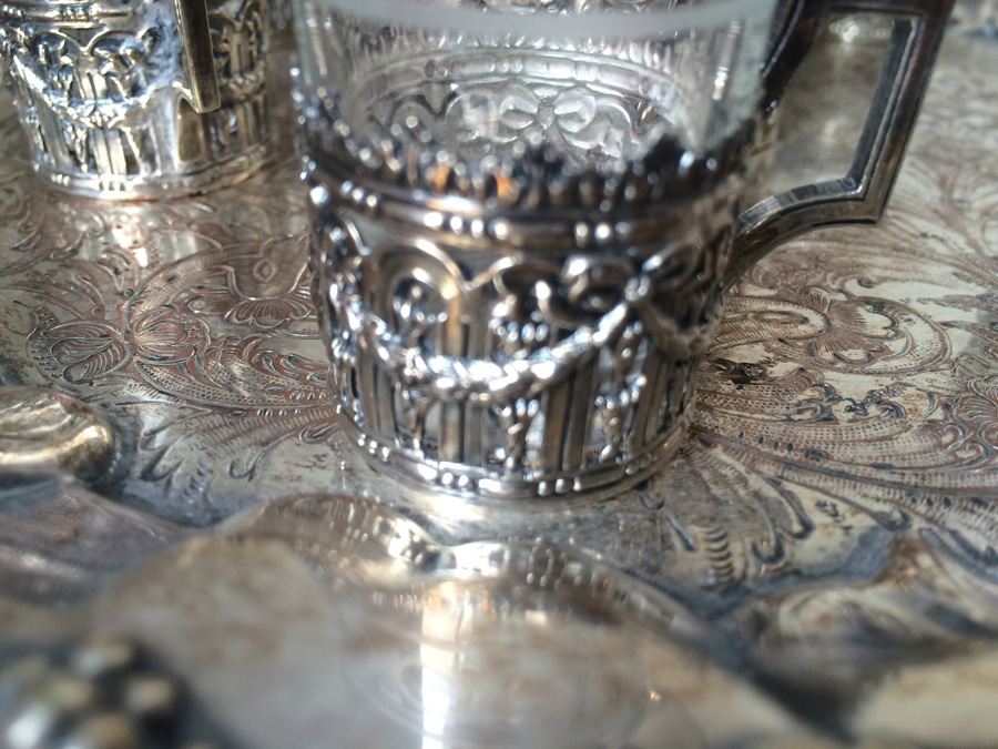 Etched Glass Decanter with Metal Overlay Shot Glasses and Tray [Photo 5]