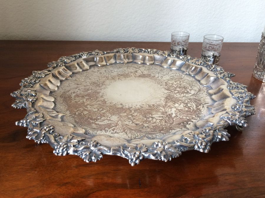 Etched Glass Decanter with Metal Overlay Shot Glasses and Tray [Photo 19]