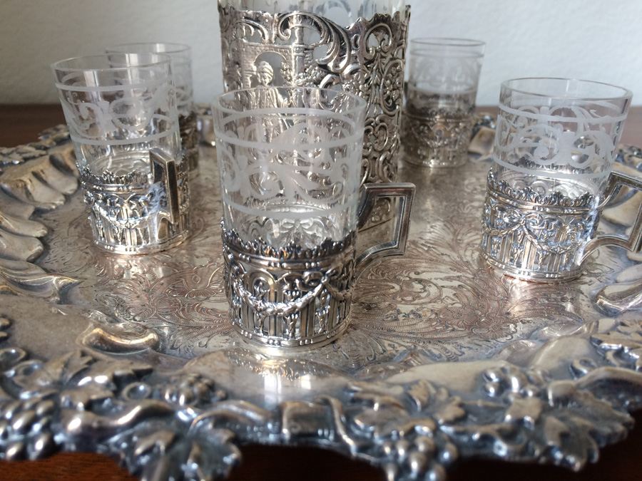 Etched Glass Decanter with Metal Overlay Shot Glasses and Tray [Photo 2]