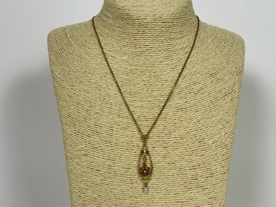 10K Gold Art Nouveau Diamond Pearl Pendant With 10K Gold 18' Chain Necklace 3.5g [Photo 3]