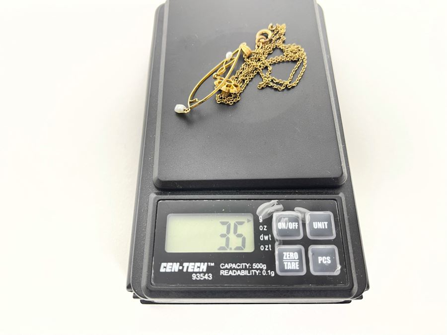 10K Gold Art Nouveau Diamond Pearl Pendant With 10K Gold 18' Chain Necklace 3.5g [Photo 9]