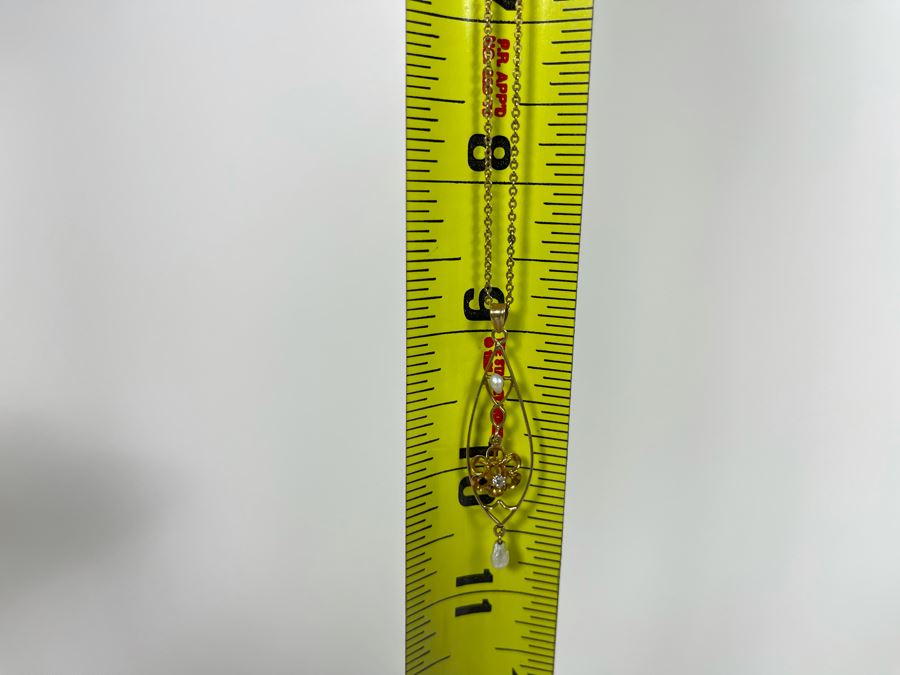 10K Gold Art Nouveau Diamond Pearl Pendant With 10K Gold 18' Chain Necklace 3.5g [Photo 8]