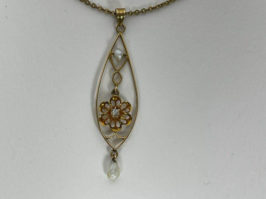 10K Gold Art Nouveau Diamond Pearl Pendant With 10K Gold 18' Chain Necklace 3.5g [Photo 6]