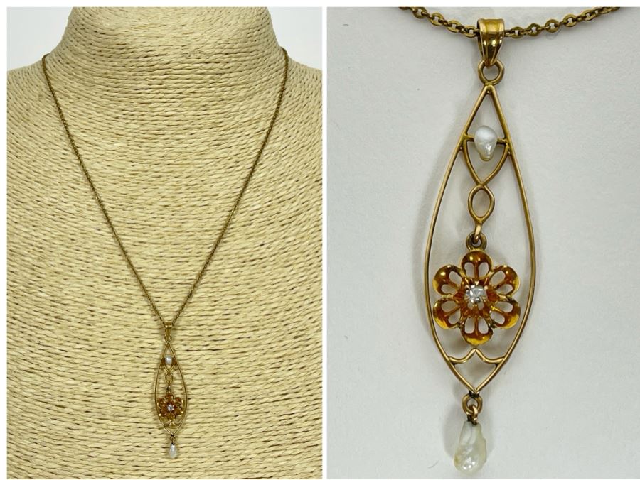 10K Gold Art Nouveau Diamond Pearl Pendant With 10K Gold 18' Chain Necklace 3.5g