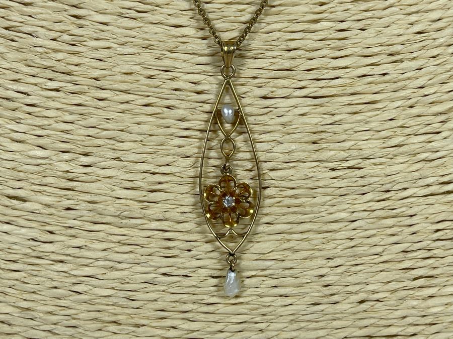 10K Gold Art Nouveau Diamond Pearl Pendant With 10K Gold 18' Chain Necklace 3.5g [Photo 4]