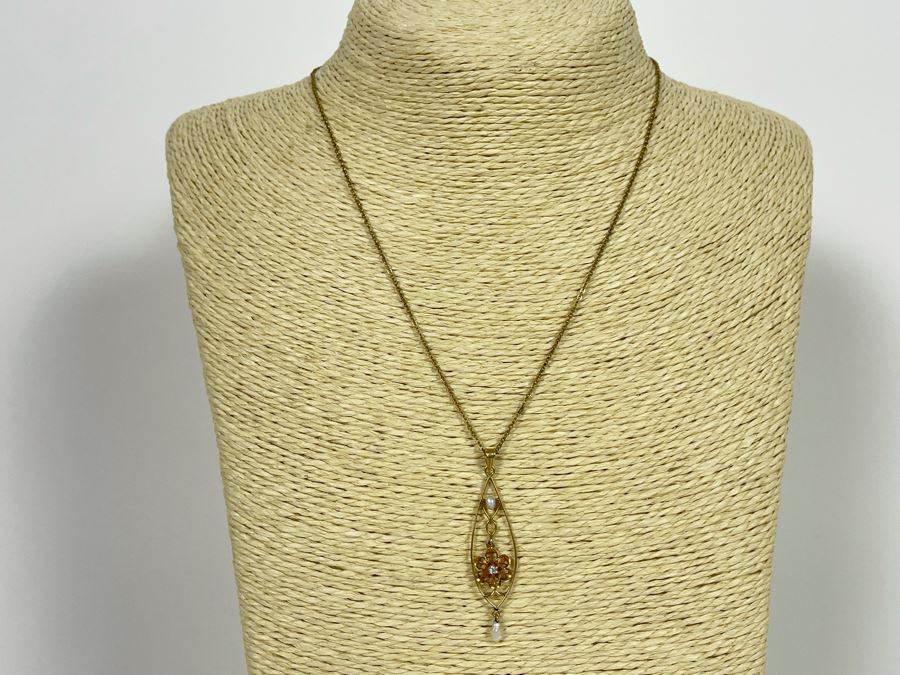 10K Gold Art Nouveau Diamond Pearl Pendant With 10K Gold 18' Chain Necklace 3.5g [Photo 2]