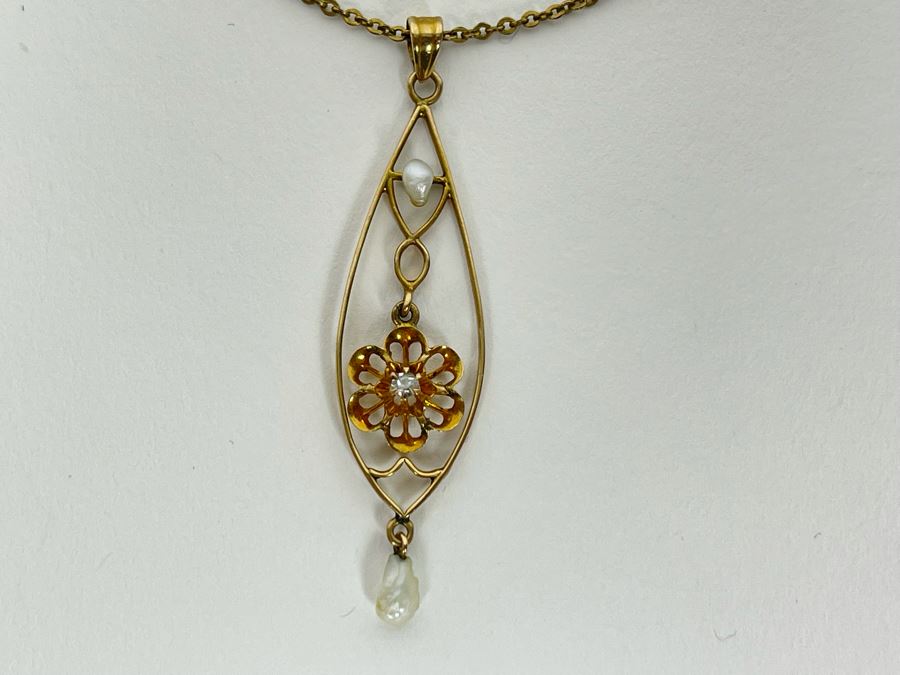 10K Gold Art Nouveau Diamond Pearl Pendant With 10K Gold 18' Chain Necklace 3.5g [Photo 7]
