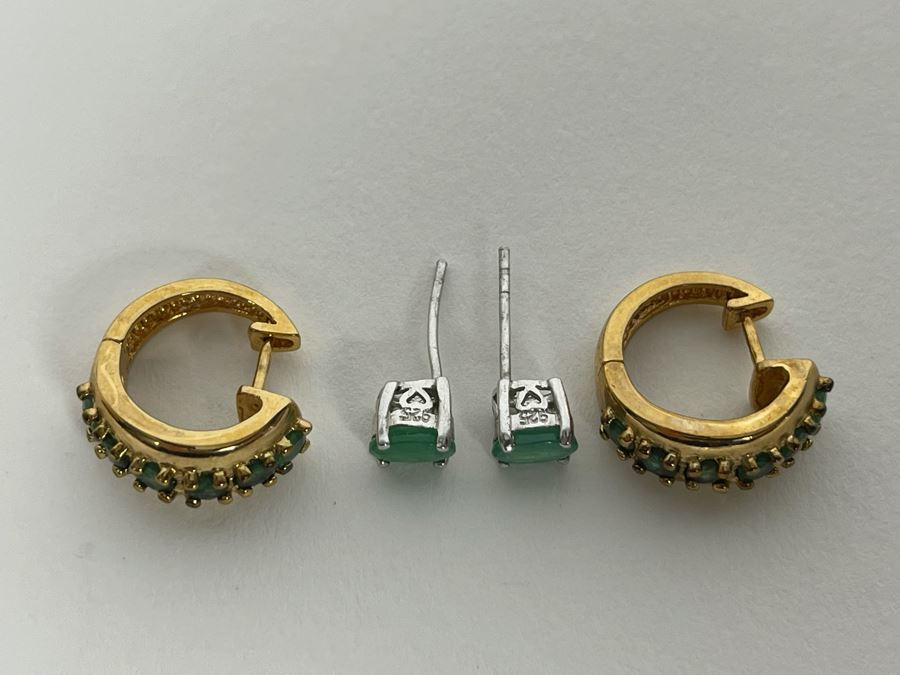 Pair Of Sterling Silver Emerald Earrings 5.9g [Photo 4]