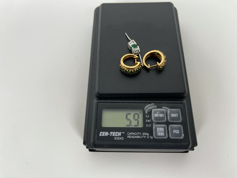 Pair Of Sterling Silver Emerald Earrings 5.9g [Photo 5]