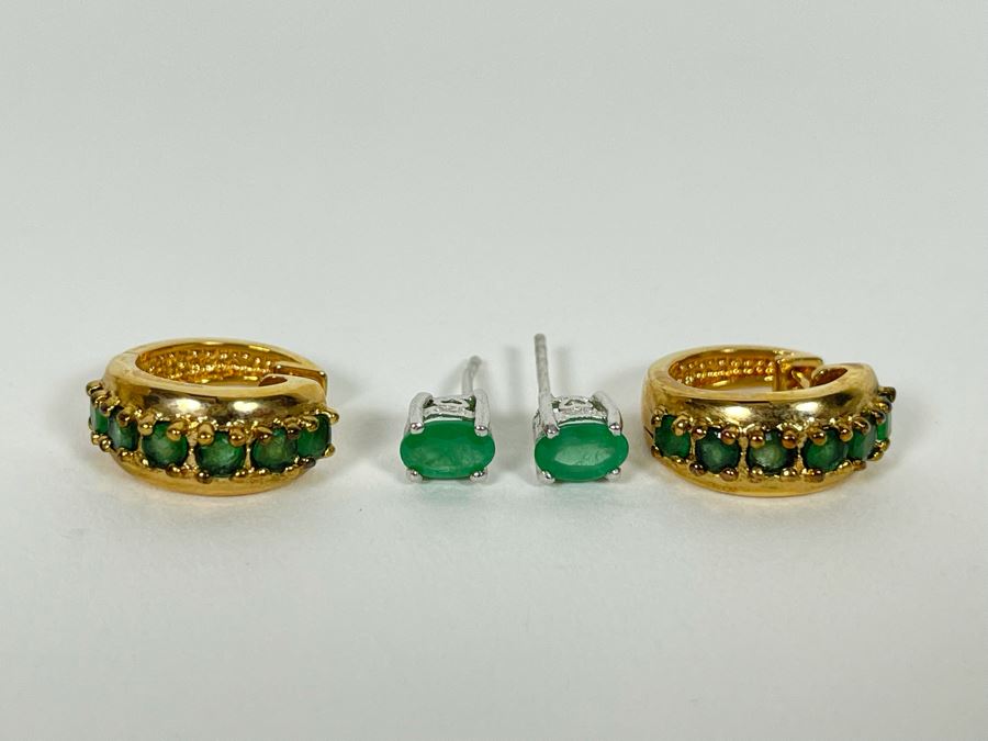 Pair Of Sterling Silver Emerald Earrings 5.9g [Photo 1]