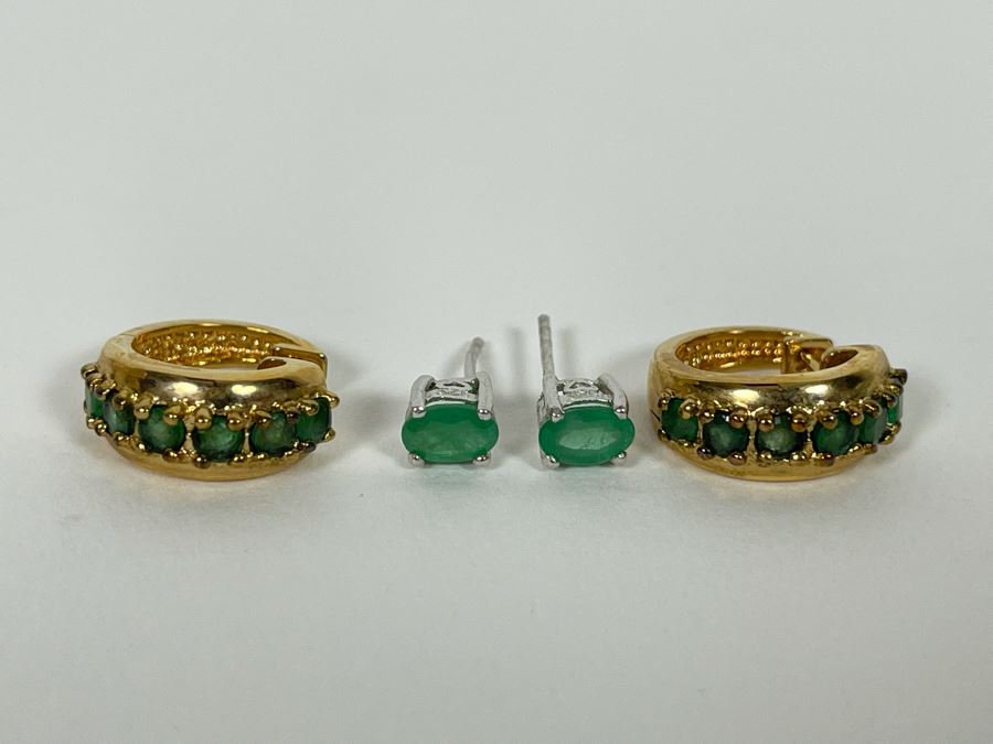 Pair Of Sterling Silver Emerald Earrings 5.9g [Photo 2]