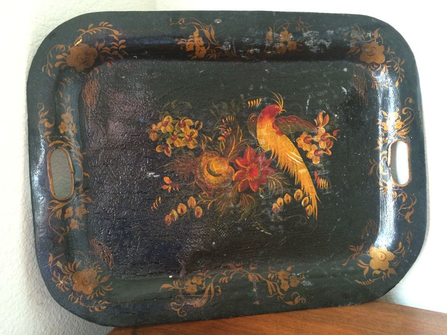 Hand Painted Toleware Tray with Flowers and Bird [Photo 1]