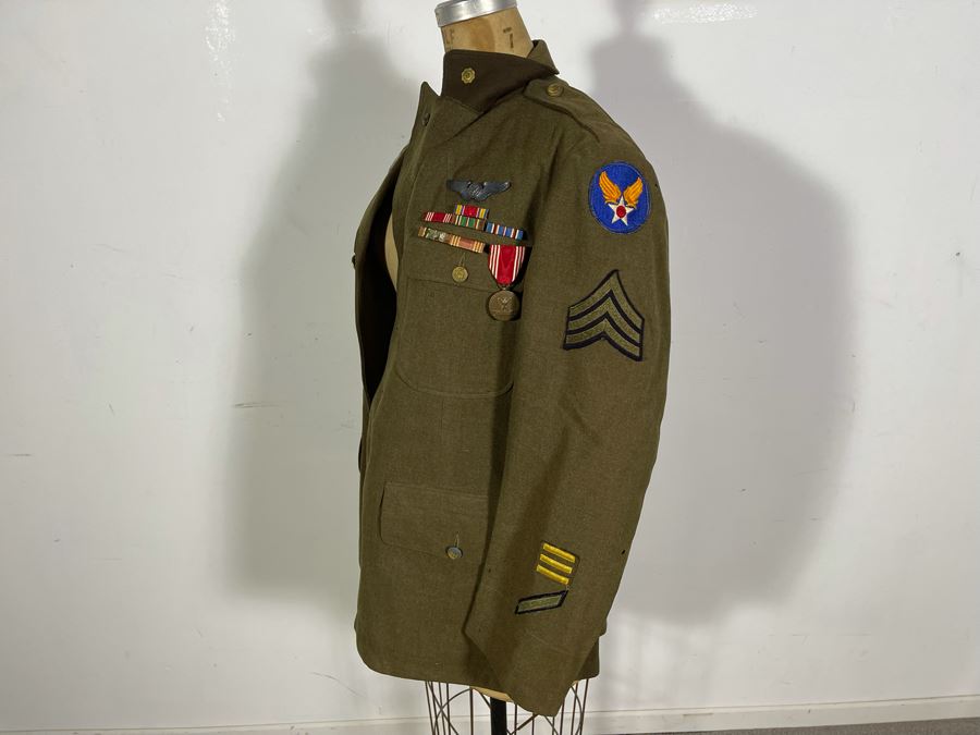 Vintage WWII United States Army Air Forces Military Jacket With Patches, Ribbons And Medals Including Sterling Silver US Army Air Force Aircrew Wings Pin Size 36S