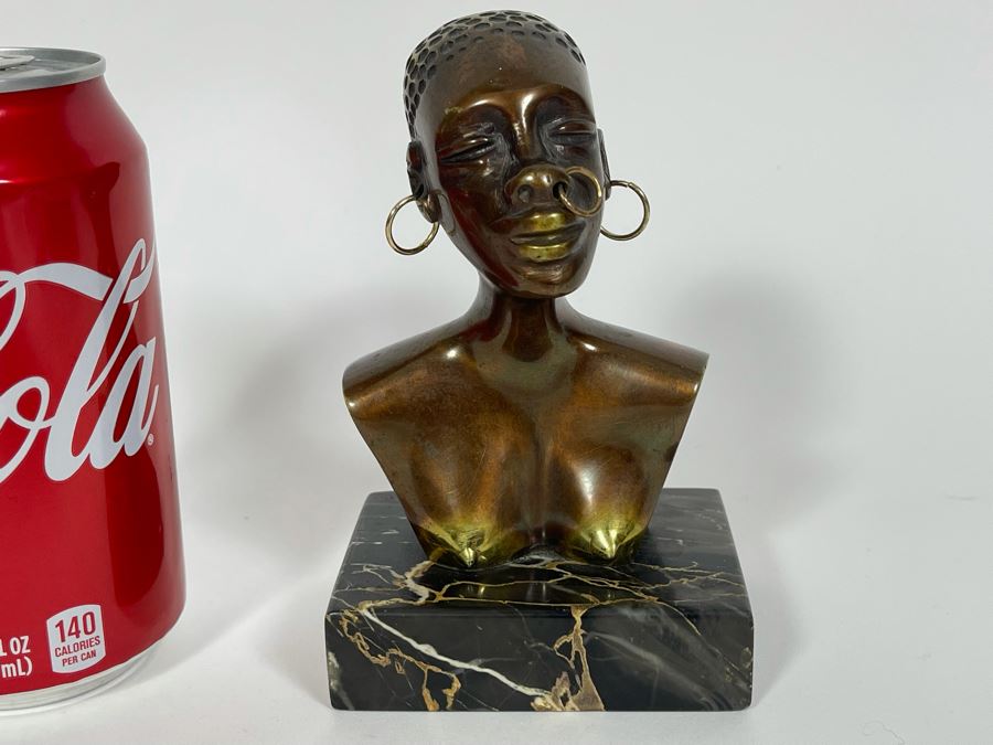 Heavy Solid Bronze Alloy Art Deco African Bust Head Sculpture On Marble Base In Manner Of Karl Hagenauer 3.25W X 2.5D X 5H [Photo 2]