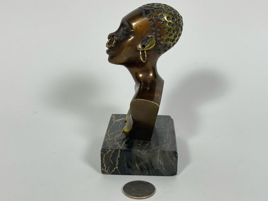 Heavy Solid Bronze Alloy Art Deco African Bust Head Sculpture On Marble Base In Manner Of Karl Hagenauer 3.25W X 2.5D X 5H [Photo 10]