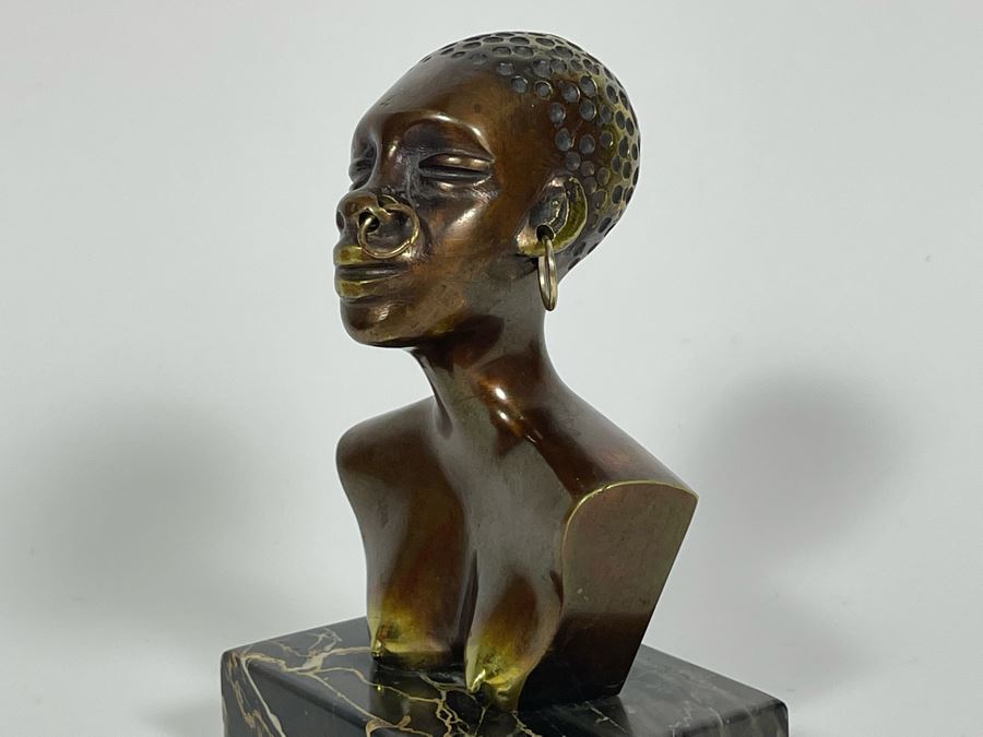 Heavy Solid Bronze Alloy Art Deco African Bust Head Sculpture On Marble Base In Manner Of Karl Hagenauer 3.25W X 2.5D X 5H [Photo 17]