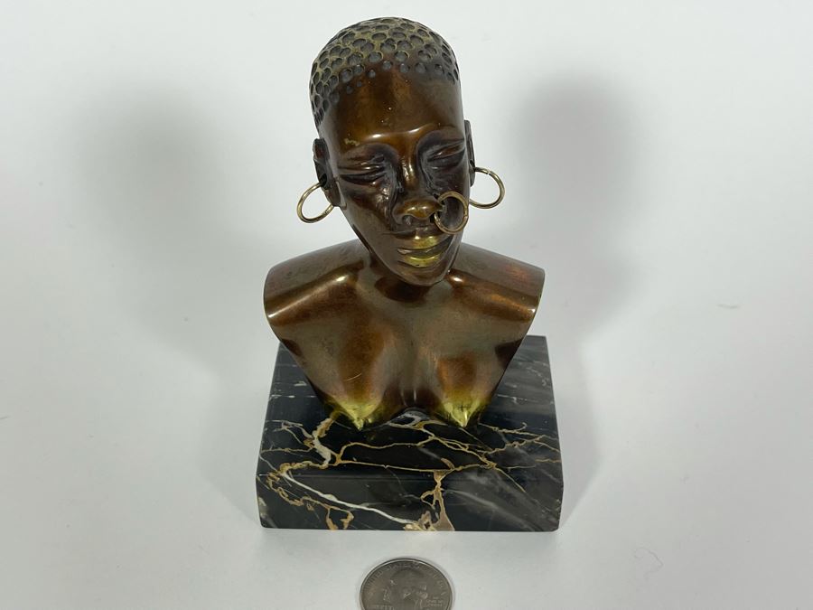 Heavy Solid Bronze Alloy Art Deco African Bust Head Sculpture On Marble Base In Manner Of Karl Hagenauer 3.25W X 2.5D X 5H [Photo 4]