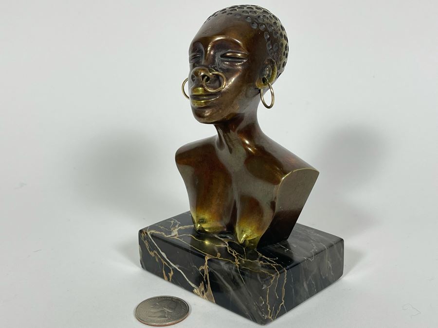 Heavy Solid Bronze Alloy Art Deco African Bust Head Sculpture On Marble Base In Manner Of Karl Hagenauer 3.25W X 2.5D X 5H [Photo 7]
