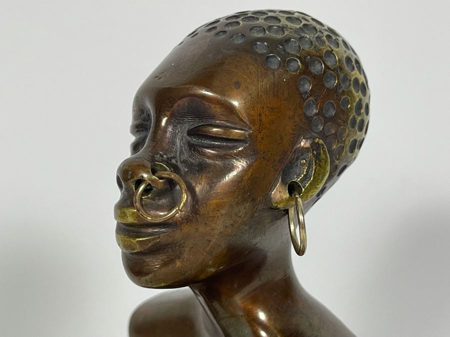 Heavy Solid Bronze Alloy Art Deco African Bust Head Sculpture On Marble Base In Manner Of Karl Hagenauer 3.25W X 2.5D X 5H [Photo 16]