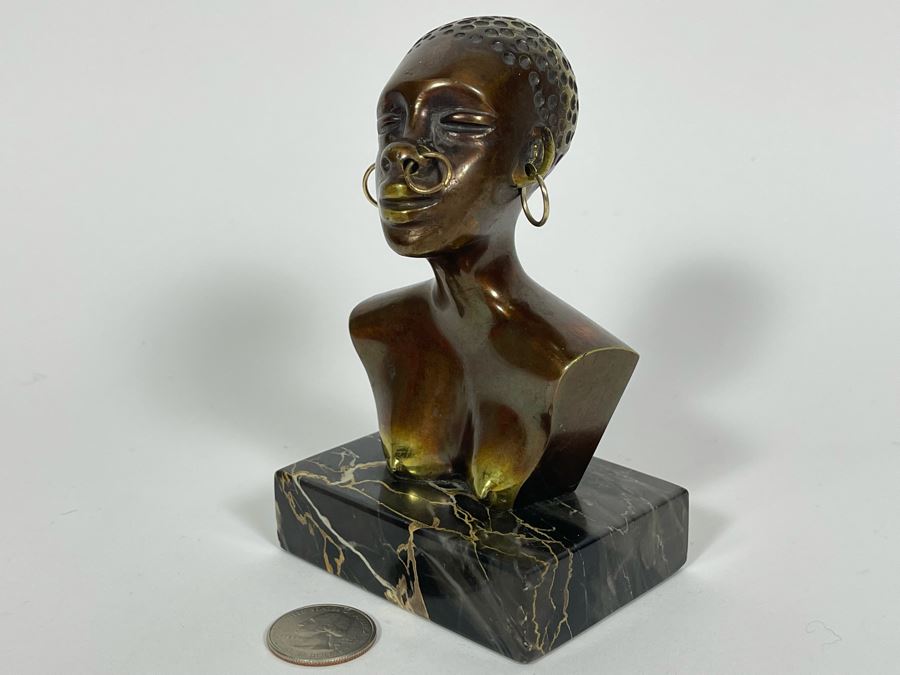 Heavy Solid Bronze Alloy Art Deco African Bust Head Sculpture On Marble Base In Manner Of Karl Hagenauer 3.25W X 2.5D X 5H [Photo 8]